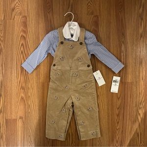 POLO RALPH LAUREN BABY BOY Corduroy Overalls & Broadcloth Stripe Shirt SET Dog